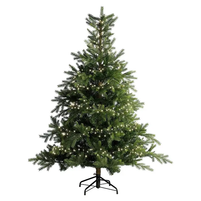 Lumineo Guirnalda luminosa LED a Batería - Para exterior, Blanco cálido, Número de bombillas: 160 ud., 4 m, Funciona con pilas - Árbol de Navidad artificial verde con luces blancas cálidas y base negra.