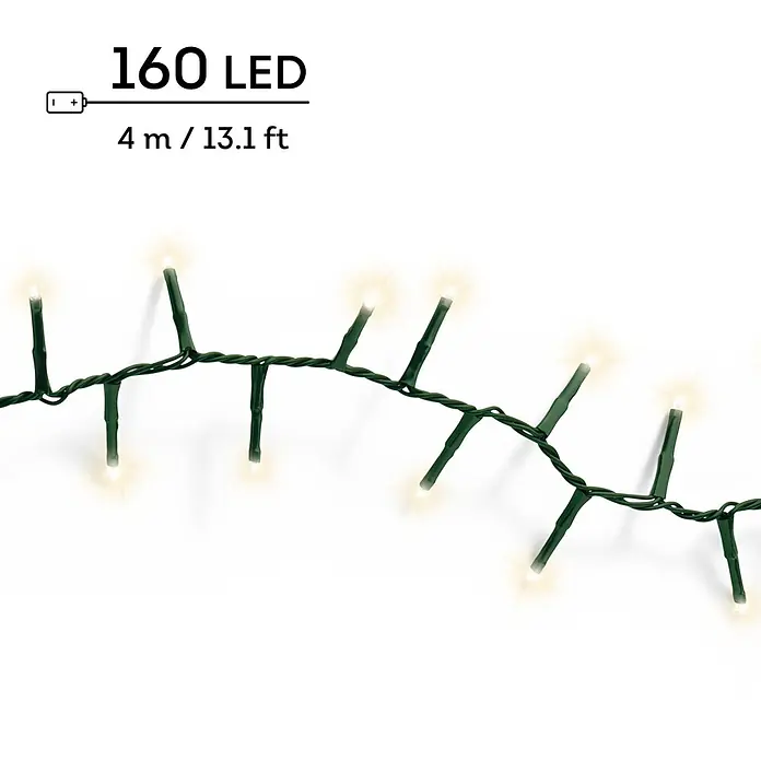 Lumineo Guirnalda luminosa LED a Batería - Para exterior, Blanco cálido, Número de bombillas: 160 ud., 4 m, Funciona con pilas - Guirnalda de 160 luces LED blanco cálido con cable verde, a pilas, de 4m / 13,1ft.