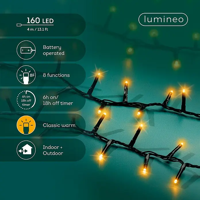 Lumineo Guirnalda luminosa LED a Batería - Para exterior, Blanco cálido tradicional, Número de bombillas: 160 ud., 4 m, Funciona con pilas - Guirnalda Lumineo 160 LED cálidos, 4m, a pilas, con temporizador y 8 funciones, para interior/exterior.
