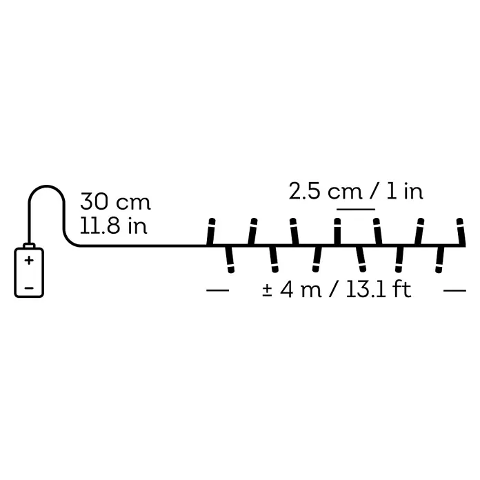 Lumineo Guirnalda luminosa LED a Batería - Para exterior, Blanco cálido, Número de bombillas: 160 ud., 4 m, Funciona con pilas - Guirnalda de luces a pilas con cable negro. Cable de 30cm, 2,5cm entre luces, longitud total 4m (13,1ft).