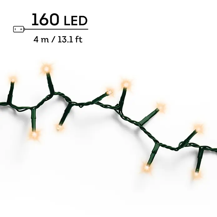 Lumineo Guirnalda luminosa LED a Batería - Para exterior, Blanco cálido tradicional, Número de bombillas: 160 ud., 4 m, Funciona con pilas - Guirnalda de luces LED de 160 bombillas, 4m/13.1ft, a pilas, con cable verde y luz blanca cálida.
