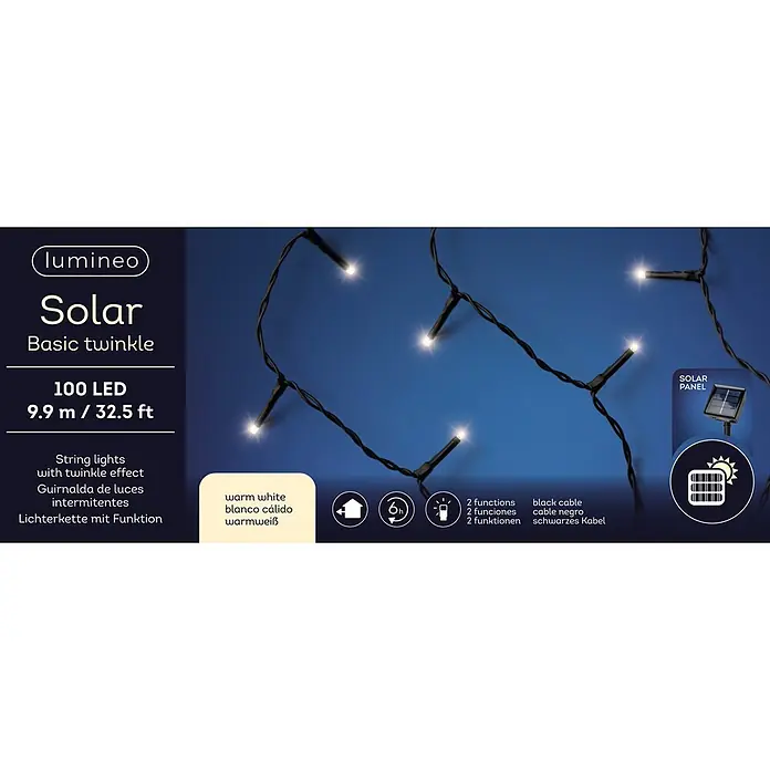 Lumineo Guirnalda luminosa LED Solar Basic 2F - Para exterior, Color de luz: Blanco cálido, Número de bombillas: 100 ud., Con energía solar - Guirnalda solar con 100 LED blanco cálido, 9,9m de largo, cable negro, efecto parpadeo y panel solar.