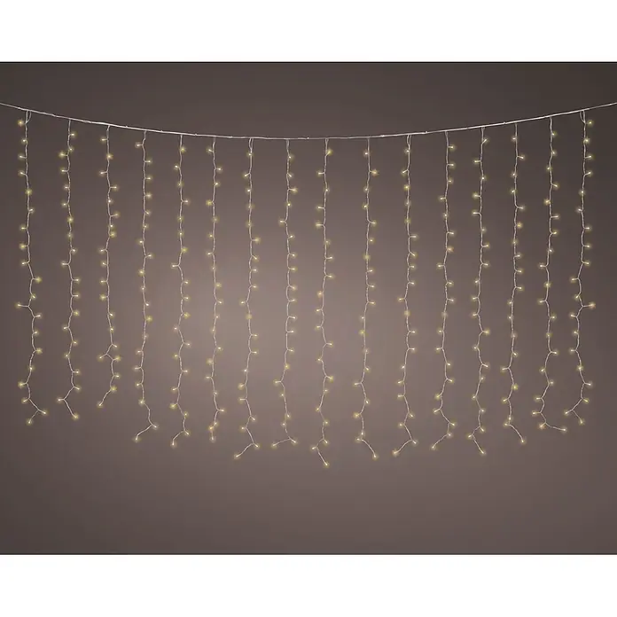 Lumineo Cascada de luz LED Curtain Lights Flashing - Para exterior, 100 cm, Blanco cálido, 160 ud., Funcionamiento en red - Cortina de luces LED blanco cálido con cables blancos, colgando.