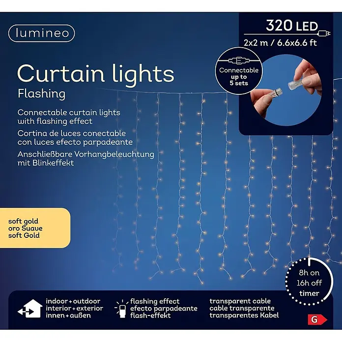 Lumineo Cascada de luz LED Curtain Lights Flashing - Para exterior, 100 cm, Blanco cálido, 160 ud., Funcionamiento en red - Cortina de luces 320 LED oro suave con cable transparente, efecto parpadeante, conectable y temporizador 8h/16h para int/ext.