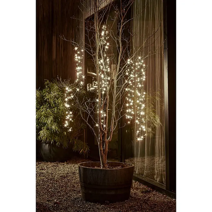 Lumineo Cascada de luz LED para árbol - Para exterior, 2 m, Blanco cálido, 480 ud., Funcionamiento en red - Luces de hadas blanco cálido y brillante en un árbol desnudo en macetero de madera, iluminando un patio de noche.