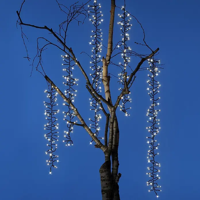 Lumineo Cascada de luz LED para árbol - Para exterior, 2 m, Blanco cálido, 480 ud., Funcionamiento en red - Luces de cadena LED blancas cálidas decorando un árbol desnudo contra un cielo azul.