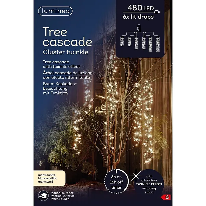 Lumineo Cascada de luz LED para árbol - Para exterior, 2 m, Blanco cálido, 480 ud., Funcionamiento en red - Luces LED cascada de árbol blanco cálido con efecto centelleante, enrolladas en un árbol para decoración interior/exterior.