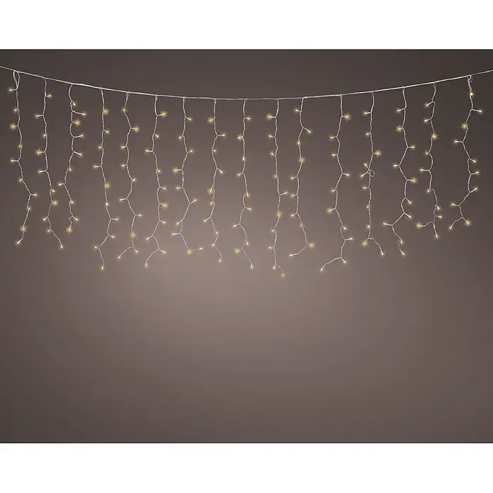 Lumineo Cascada de luz LED Curtain Lights Flashing - Para exterior, 200 cm, Blanco cálido, 320 ud., Funcionamiento en red - Luces LED de carámbano blanco cálido en cable blanco, con distintas longitudes de caída para decoración.