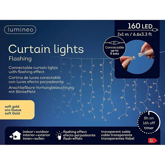Lumineo Cascada de luz LED Curtain Lights Flashing - Para exterior, 200 cm, Blanco cálido, 320 ud., Funcionamiento en red - Cortina de luces oro suave con efecto parpadeante y cable transparente, para interior y exterior, temporizador 8h/16h, conectable hasta 5 juegos.