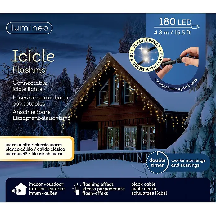 Lumineo Cascada de luz LED Icicle - Para exterior, 4,8 m, Blanco cálido/Blanco tradicional, 180 ud., Funcionamiento en red - Luces LED de carámbano blanco cálido intermitentes con cable negro, en casa nevada. Interior/exterior, conectables.