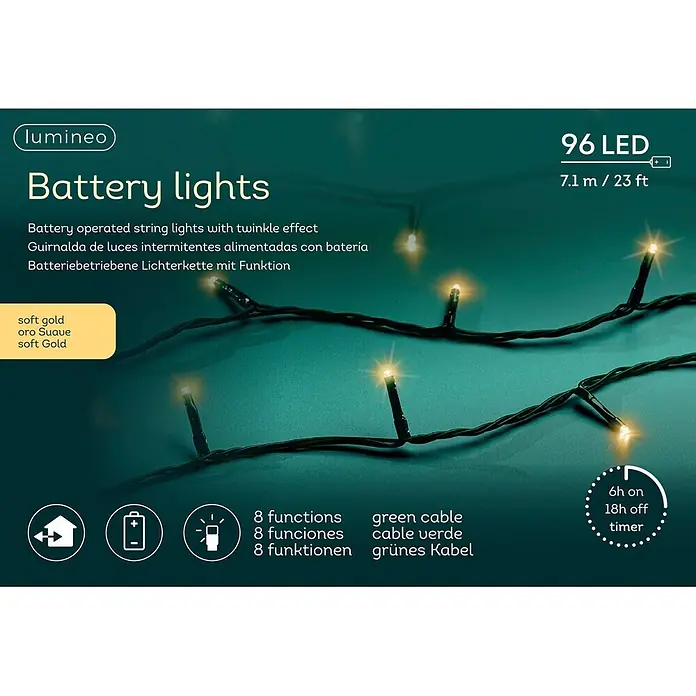 Lumineo Guirnalda luminosa LED Básica Batería 8 funciones - Para exterior, Color de luz: Ámbar, Número de bombillas: 96 ud., 7,1 m - Guirnalda de luces 96 LED oro suave a batería con cable verde, 7,1m, 8 funciones y temporizador 6h/18h.
