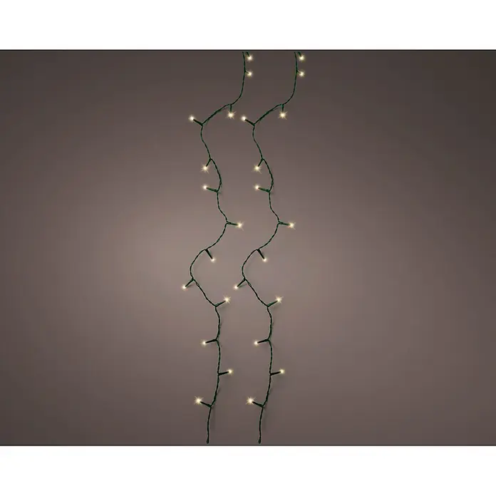 Lumineo Guirnalda luminosa LED Básica Batería 8 funciones - Para exterior, Color de luz: Ámbar, Número de bombillas: 96 ud., 7,1 m - Dos tiras verticales de luces LED blancas cálidas iluminadas en cable verde.