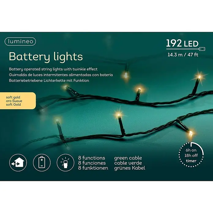 Lumineo Guirnalda luminosa LED Básica Batería 8 funciones - Para exterior, Color de luz: Ámbar, Número de bombillas: 192 ud., 14,32 m - Guirnalda de 192 luces LED oro suave a pilas con cable verde, efecto parpadeante y temporizador, iluminada sobre fondo oscuro.