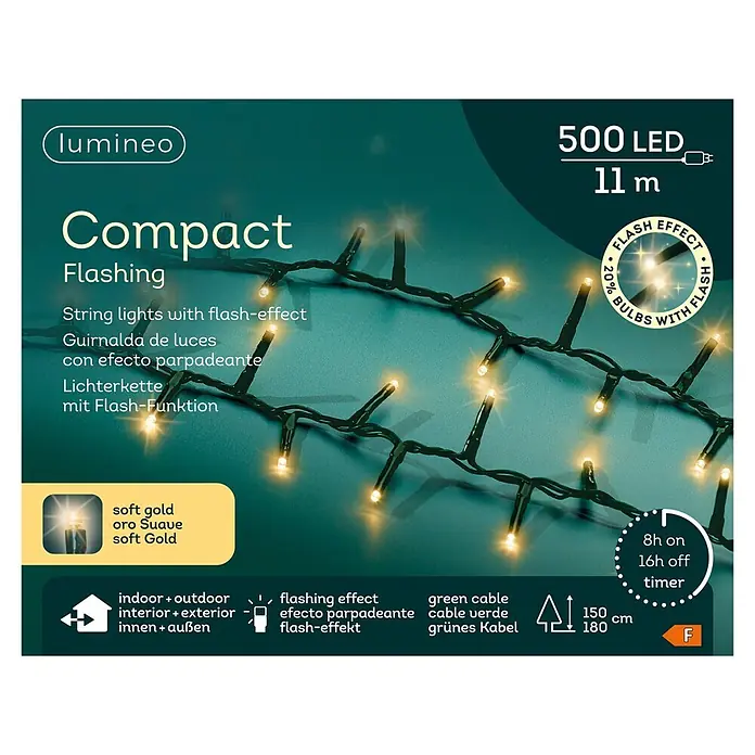 Lumineo Guirnalda luminosa LED Compacta - Para exterior, Color de luz: Blanco cálido, Número de bombillas: 500 ud., Funcionamiento en red - Cadena de luces LED compacta de 500 con bombillas doradas parpadeantes y cable verde para interior/exterior, 11m.