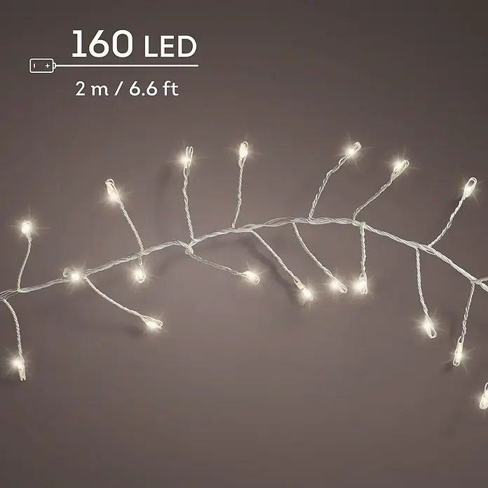 Lumineo Guirnalda luminosa LED Micro Battery - Para exterior, Color de luz: Blanco cálido, Número de bombillas: 160 ud., Funciona con pilas - Guirnalda de luces LED blanco cálido a pilas: 160 LEDs, 2m / 6.6ft.