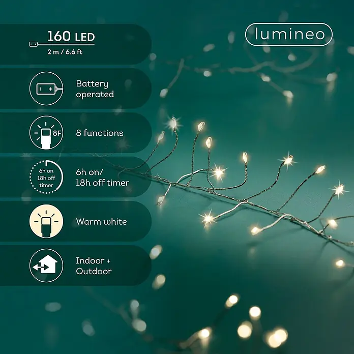 Lumineo Guirnalda luminosa LED Micro Battery - Para exterior, Color de luz: Blanco cálido, Número de bombillas: 160 ud., Funciona con pilas - Guirnalda Lumineo de 160 LED blanco cálido, a pilas, 2m/6.6ft, con 8 funciones y temporizador, para interior/exterior.