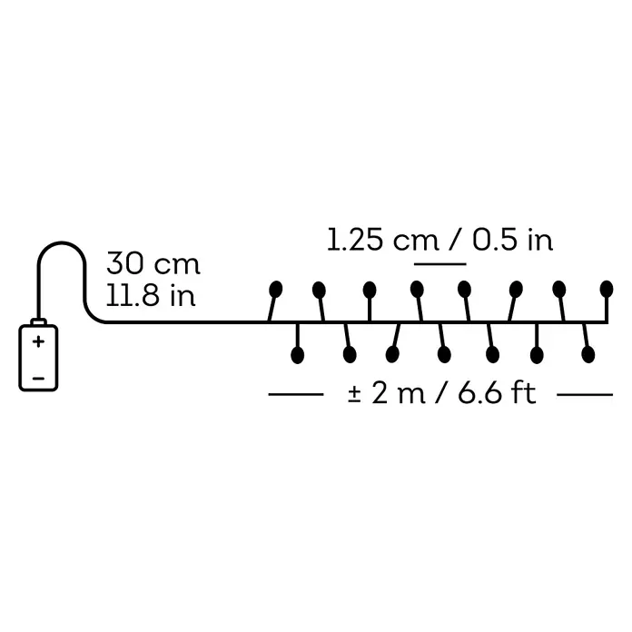 Lumineo Guirnalda luminosa LED Micro Battery - Para exterior, Color de luz: Blanco cálido, Número de bombillas: 160 ud., Funciona con pilas - Guirnalda de luces a pilas. Cable de batería 30cm, luces espaciadas 1.25cm, longitud total aprox. 2m.