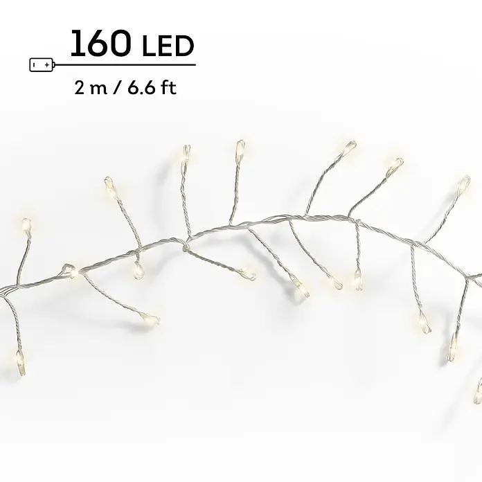 Lumineo Guirnalda luminosa LED Micro Battery - Para exterior, Color de luz: Blanco cálido, Número de bombillas: 160 ud., Funciona con pilas - Guirnalda de luces LED a pilas con 160 LED blanco cálido en cable plateado, de 2 m / 6,6 pies.