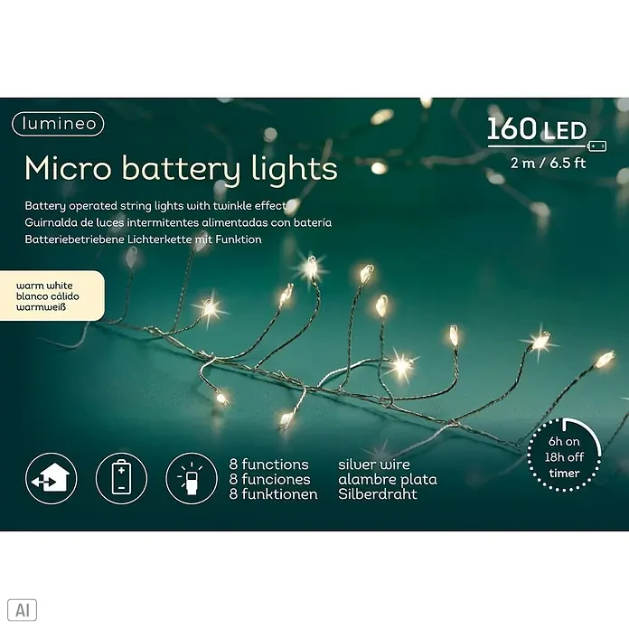 Lumineo Guirnalda luminosa LED Micro Battery - Para exterior, Color de luz: Blanco cálido, Número de bombillas: 160 ud., Funciona con pilas - Guirnalda de micro luces LED blanco cálido a pilas en alambre plateado, 2m, 160 LEDs, 8 funciones y temporizador.