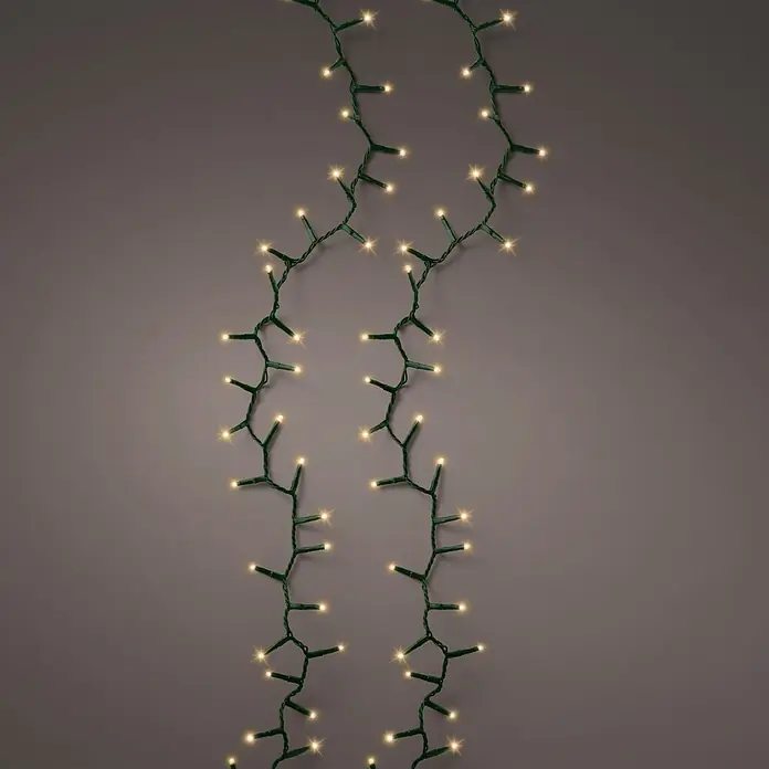 Lumineo Guirnalda luminosa LED a Batería - Para exterior, Blanco cálido tradicional, Número de bombillas: 160 ud., 4 m, Funciona con pilas - Dos tiras verticales de luces de Navidad LED blanco cálido con cable verde oscuro.
