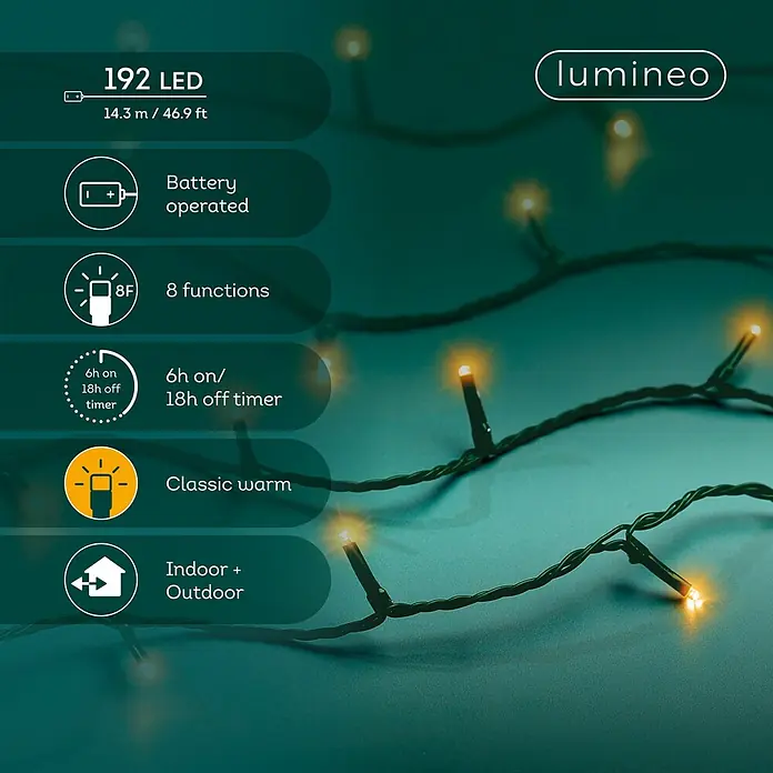 Lumineo Guirnalda luminosa LED Básica Batería 8 funciones - Para exterior, Color de luz: Blanco cálido, Número de bombillas: 192 ud., 14,32 m - Guirnalda de luces LED Lumineo a pilas con 192 LEDs cálidos clásicos (14,3m) para interior/exterior, 8 funciones y temporizador.