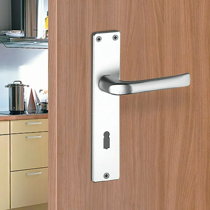 Stabilit Langschild - Stärke Tür: 35 mm - 45 mm, Aluminium, L-Form, Langschild - Nahaufnahme eines silbernen Türgriffs an einer Holztür, der die hochwertige Verarbeitung und das moderne Design hervorhebt.