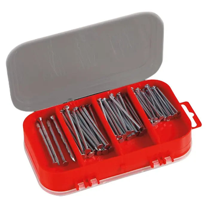 Stabilit Set de clavos - 520 pzs. - Caja de surtido roja con clavos y tapa gris, ideal para guardar clavos para artesanos y aficionados al bricolaje.