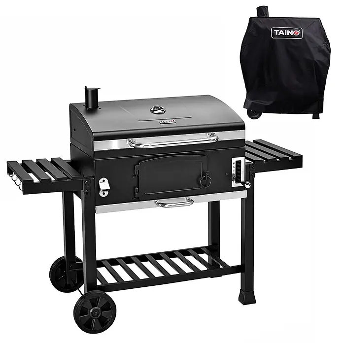 HOLZKOHLEGRILL HERO XXL Set Abdeckhaube -  - Schwarzer Holzkohlegrill mit Seitenablagen, Rädern und separater Schutzhülle.