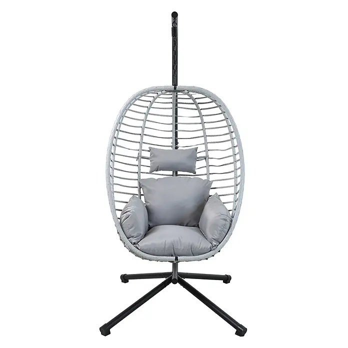 SVITA Hängesessel BELLY - L x B x H: 100 x 90 x 200 cm, Metall, Grau - Grauer Korbstuhl in Eiform mit grauen Kissen, aufgehängt an einem schwarzen Metallgestell mit Kreuzfuß.