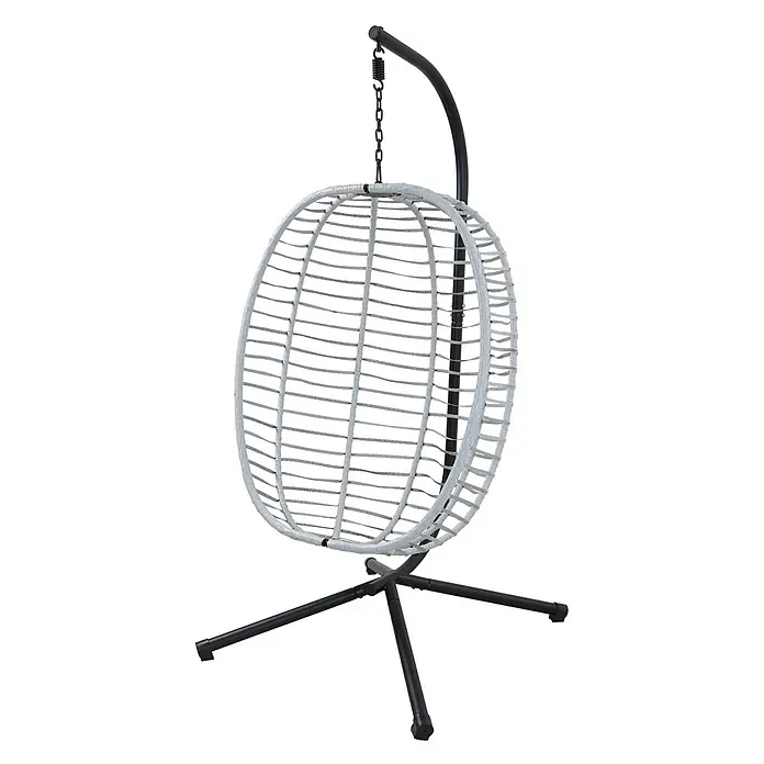 SVITA Hängesessel BELLY - L x B x H: 100 x 90 x 200 cm, Metall, Grau - Geflochtener weißer Eier-Hängesessel auf robustem schwarzem Metallgestell.