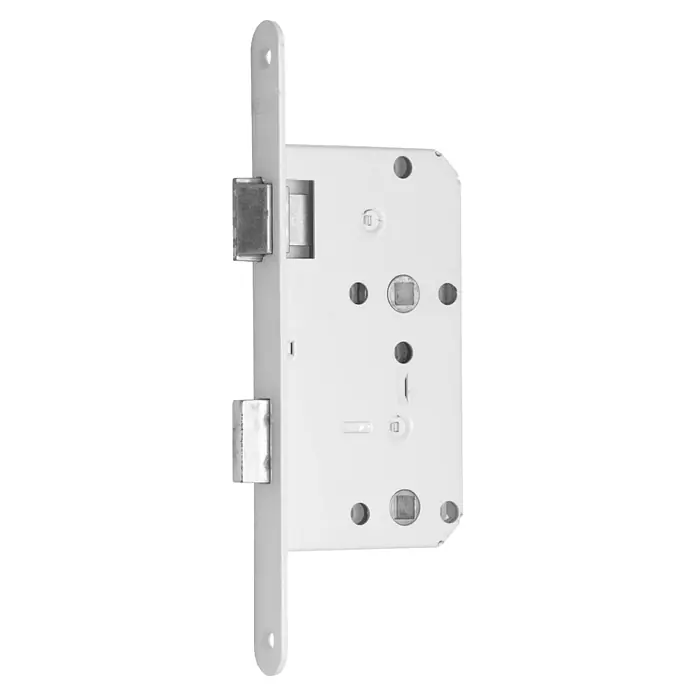 Stabilit WC-Einsteckschloss - Links, Silber - Ein grauer Einsteckverschluss für Türen, der in einer vertikalen Ansicht dargestellt wird, inklusive der Falle und des Riegels.