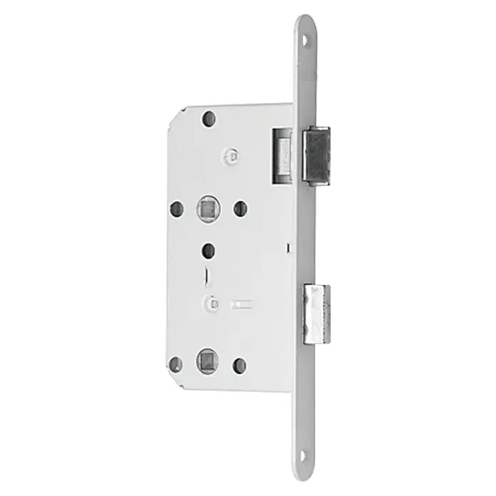 Stabilit WC-Einsteckschloss - Rechts, Silber - Ein Türschloss aus Metall in Silber mit verschiedenen Öffnungen und einem Riegelmechanismus für erhöhte Sicherheit.