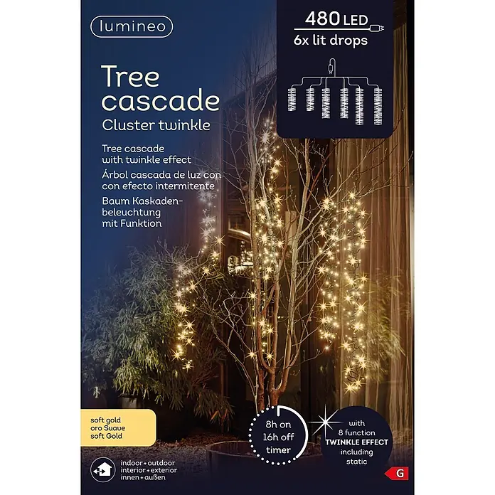 Lumineo Cascada de luz LED para árbol - Para exterior, 2 m, Ámbar, 480 ud., Funcionamiento en red - Luces LED Lumineo Tree Cascade con 480 LEDs oro suave y efecto centelleante, colocadas en un árbol para decoración interior o exterior.