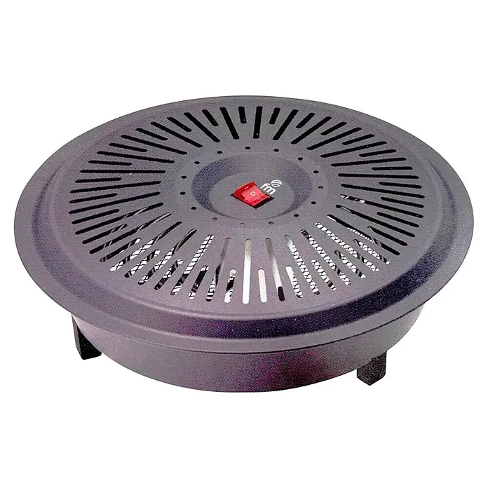 EDM Brasero eléctrico Alfa 900 - 425 W - 850 W, An x L: 39 x 39 cm - Placa eléctrica redonda gris oscuro con superficie perforada, interruptor rojo y patas pequeñas.