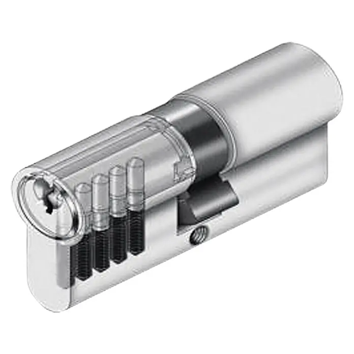 Stabilit Profilzylinder Extra - Baulänge innen: 30 mm, Baulänge außen: 50 mm, Anzahl Schlüssel: 4 Stk. - Darstellung eines Zylinderschlosses mit sichtbaren Stiftzuhaltungen, ideal zur Veranschaulichung der Funktionsweise von Schließmechanismen.