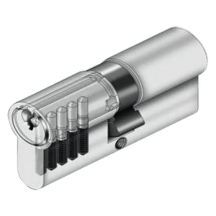 Stabilit Profilzylinder Extra - Baulänge innen: 30 mm, Baulänge außen: 60 mm, Anzahl Schlüssel: 4 Stk. - Darstellung eines Zylinderschlosses mit sichtbaren Stiftzuhaltungen, ideal zur Veranschaulichung der Funktionsweise von Schließmechanismen.