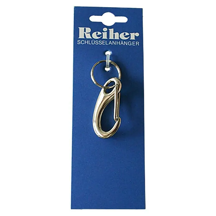 Reiher SchlüsselanhängerLänge: 51 mm, Vernickelt - Reiher Schlüsselanhänger: Ein goldfarbener Karabinerhaken-Schlüsselanhänger an einem blauen Karton. Praktisch und stilvoll für Ihre Schlüssel.