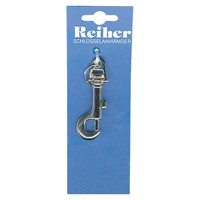 Reiher Schlüsselanhänger - Länge: 75 mm, Vernickelt - Schlüsselanhänger mit Karabinerverschluss auf blauer Verpackung. Ideal zum Befestigen von Schlüsseln, Taschen und mehr.