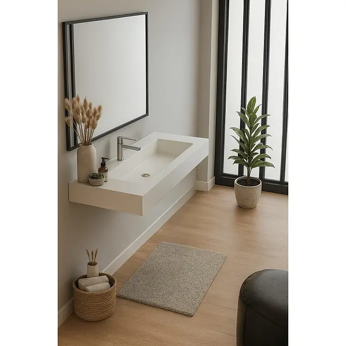 Lavabo de sobremesa Florencia - 121 x 46 cm, Blanco, Resina sintética - Lavabo de baño blanco suspendido con diseño minimalista, grifo moderno y repisa integrada.