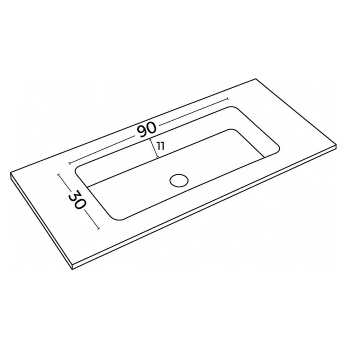 Lavabo de sobremesa Florencia - 121 x 46 cm, Blanco, Resina sintética - Dibujo técnico de una encimera de lavabo rectangular con lavabo integrado, mostrando sus dimensiones.