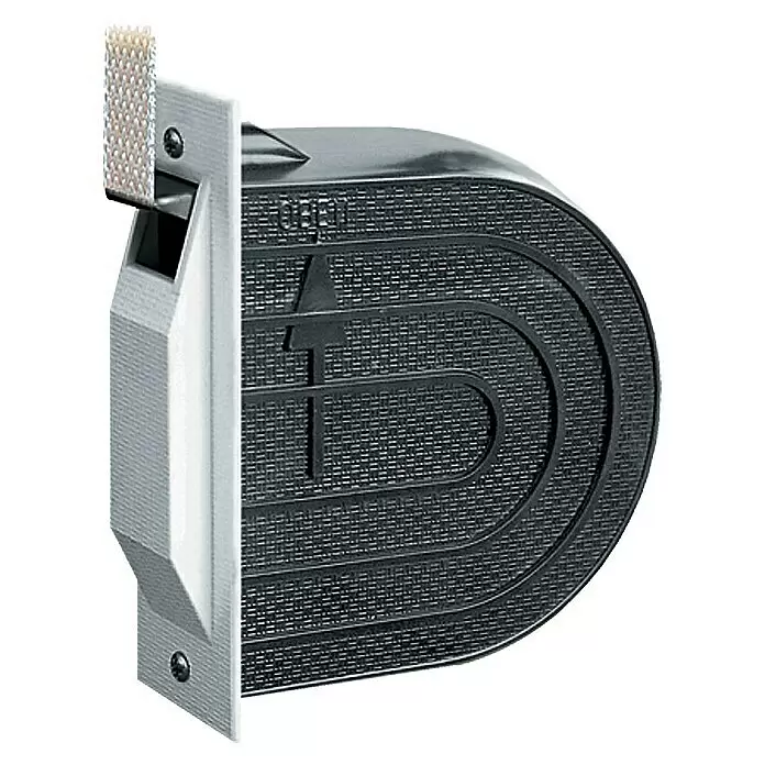 Schellenberg Recogedor de cinta de persiana Mini - Anchura de la correa: 14 mm, Distancia entre orificios: 118 mm - Mecanismo enrollador de correa de plástico negro con carcasa plateada y una correa texturizada y dentada.