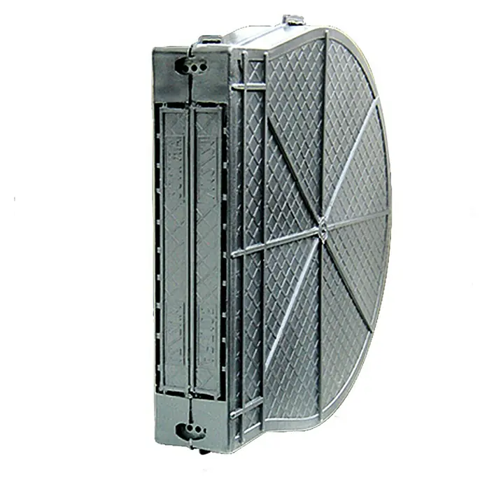 Schellenberg Recogedor de persiana - 137 x 46 x 168 mm, Distancia entre orificios: 135 mm - Primer plano de un dispositivo rectangular de protección contra caídas gris plateado con un patrón de malla semicircular.