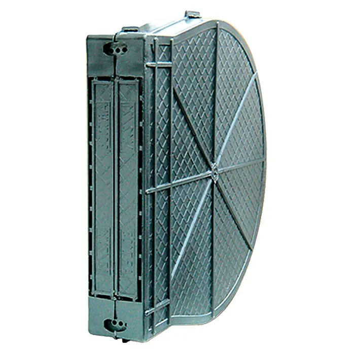 Schellenberg Recogedor de persiana - 170 x 46 x 195 mm, Distancia entre orificios: 160 mm - La imagen muestra una caja de cabina plegable gris con una puerta semicircular en forma de rejilla, ideal para el transporte o el almacenamiento.