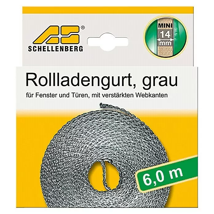 Schellenberg Cinta para persiana Mini - Gris, Largo: 6 m, Anchura de la correa: 14 mm, Polipropileno - Cinta para persiana gris Schellenberg de 14 mm de ancho y 6 m de largo, enrollada. Con bordes tejidos reforzados para ventanas y puertas.
