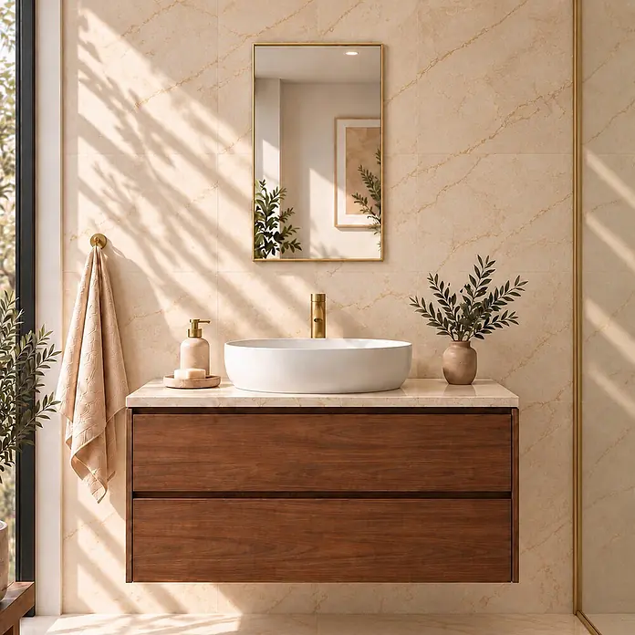 CORDIA PLUS spiegel Rimini Line mit goldfarben eloxiertem Aluminiumrahmen, 80 × 41 cm -  - Ein modernes Badezimmer mit einem schwebenden Waschtisch aus dunklem Holz, weißem Aufsatzwaschbecken und goldenem Wasserhahn.