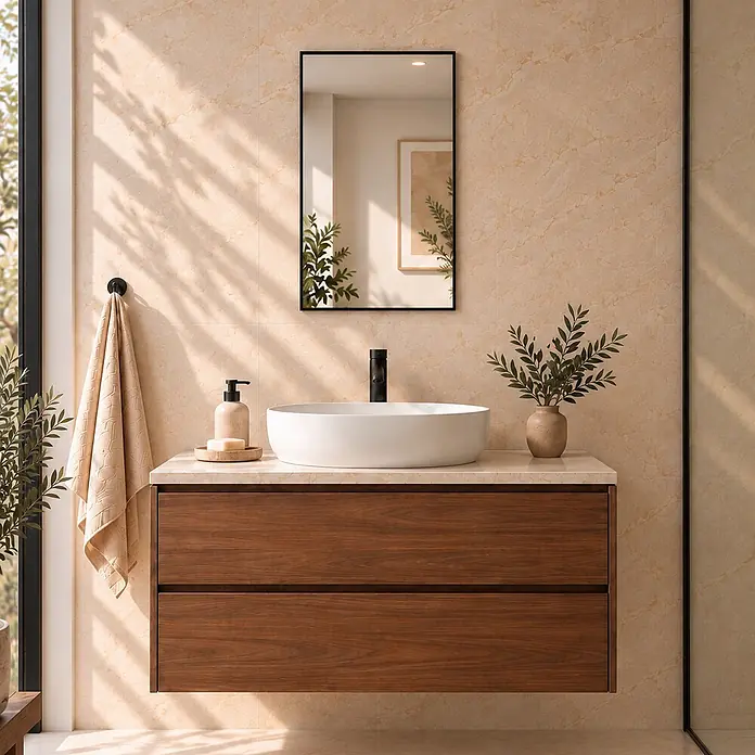 CORDIA PLUS spiegel Rimini Line mit Aluminiumrahmen, mattschwarz eloxiert, 80 × 41 cm -  - Schwebender Waschtisch aus dunklem Holz mit weißem Keramikbecken, schwarzer Armatur und heller Arbeitsplatte in einem modernen Bad.