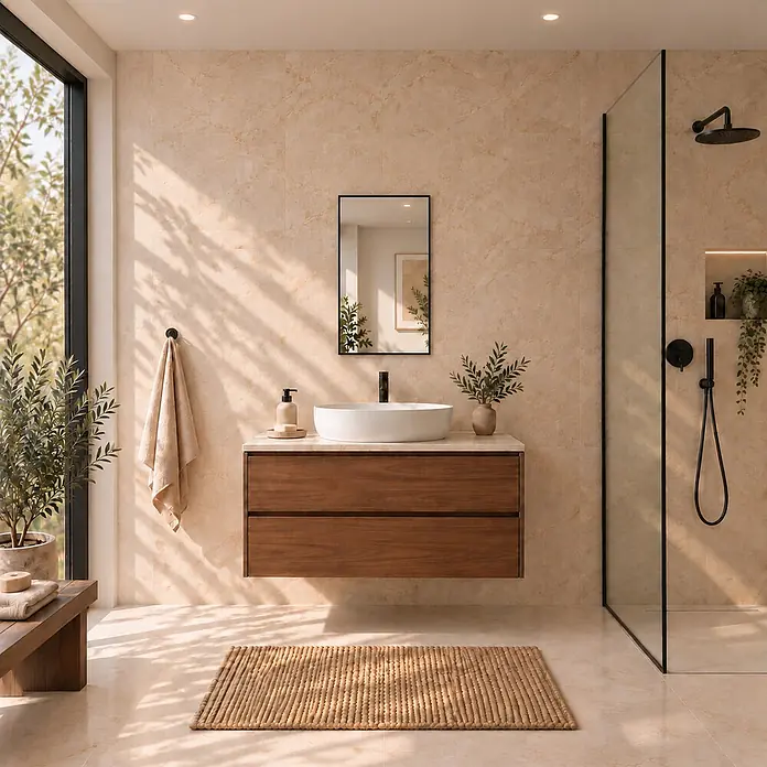 CORDIA PLUS spiegel Rimini Line mit Aluminiumrahmen, mattschwarz eloxiert, 80 × 41 cm -  - Schwebender Waschtisch aus dunklem Holz mit weißem Waschbecken und schwarzer Armatur in modernem Bad.