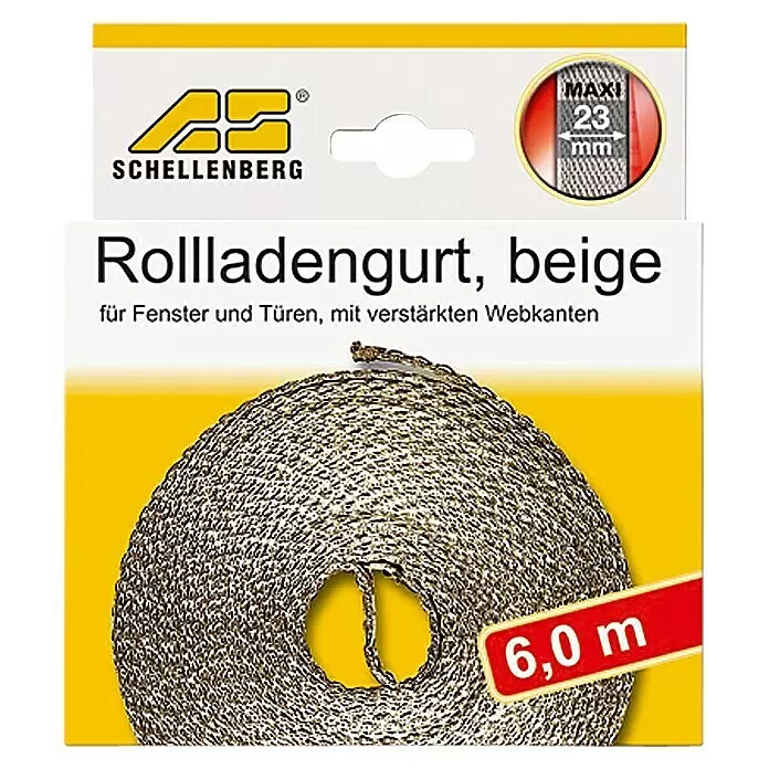 Schellenberg Cinta para persiana - Beige, Largo: 6 m, Anchura de la correa: 23 mm - Cinta de persiana enrollada beige, de 6,0 m de largo y 23 mm de ancho, con bordes reforzados.