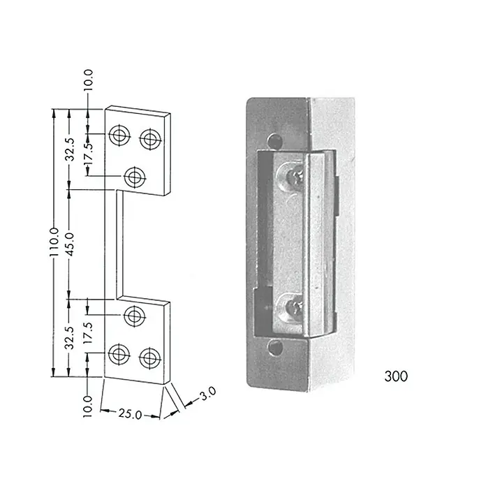 Stabilit Elektrischer Türöffner - Spannung: 6 V - 12 V - Abbildung einer elektrischen Türöffnerfalle mit Abmessungen, die die Komponenten und ihre jeweiligen Größen zeigen.