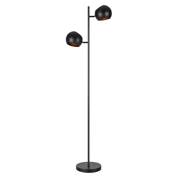 Markslöjd Stehleuchte Edgar - 40 W, Höhe: 145 cm, Schwarz, E14 - Schwarze Stehlampe aus Metall mit zwei verstellbaren, runden Köpfen und kupferfarbenen Innenseiten.